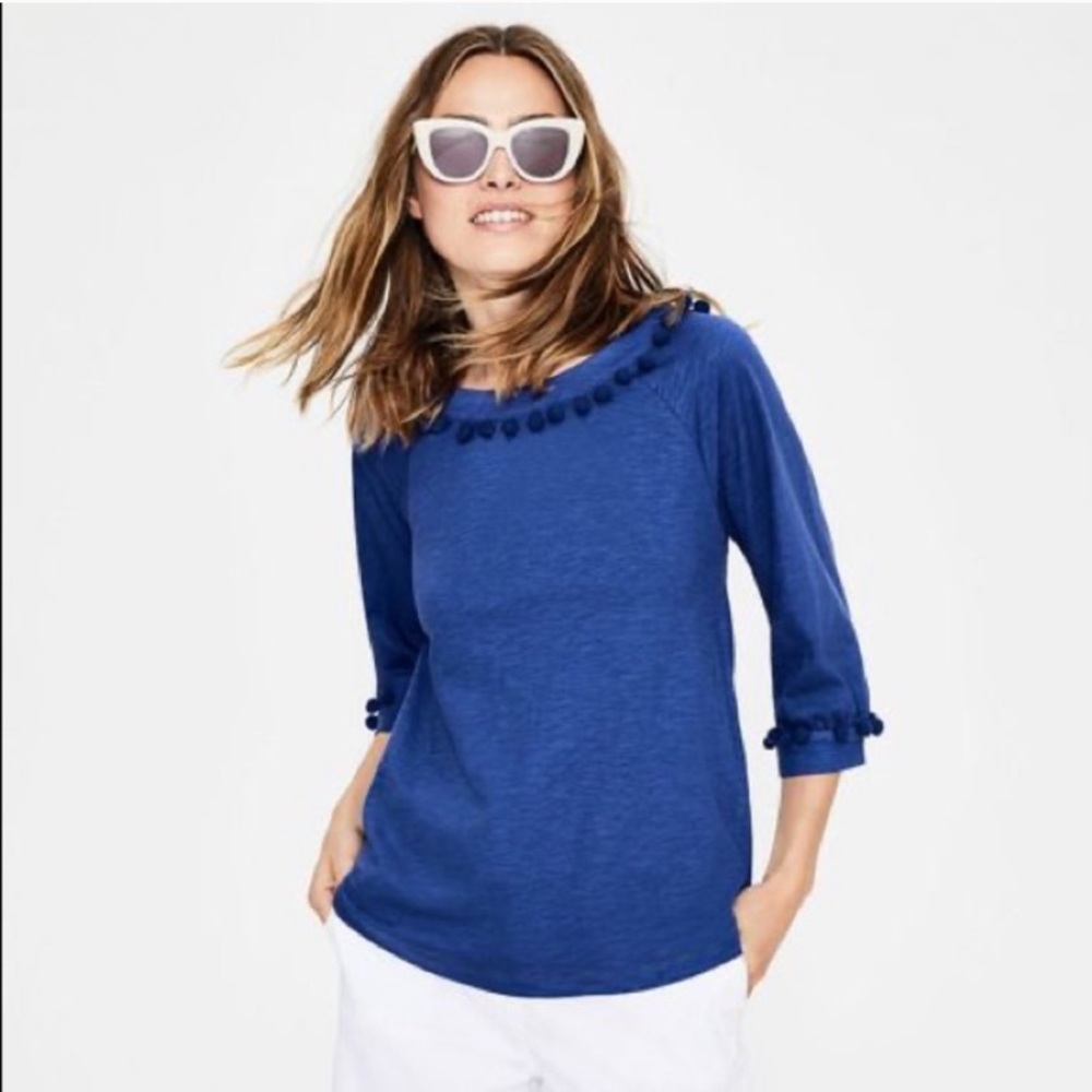 Boden Blue Rosemary Jersey 3/4 Sleeve Pom Pom, 4